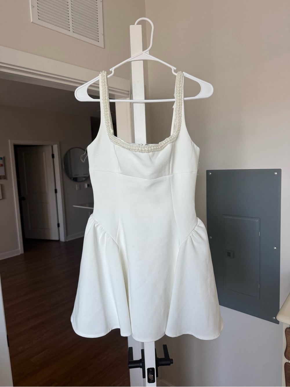 Pearl-Trim White Sleeveless Fit & Flare Dress